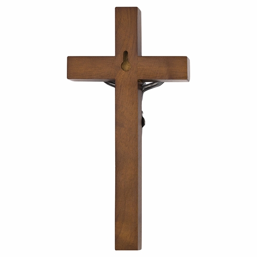 8 Inch Walnut Wall Crucifix with Antiqued Two-Tone Pewter Corpus