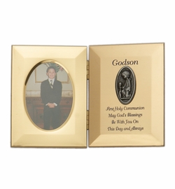 8 x 5-1/2 Inch Gold Plated Godson First Holy Communion Double Photo Frame