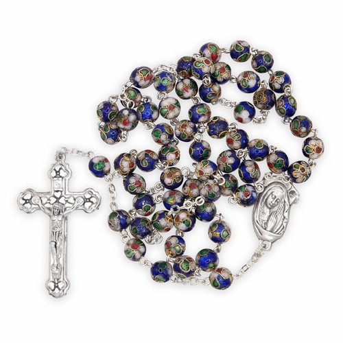 8mm Blue Cloisonne Beads Rosary with Crucifix and Madonna Center