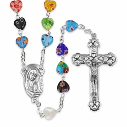 8mm Murano Glass Heart Bead Rosary with Crucifix and Madonna Center
