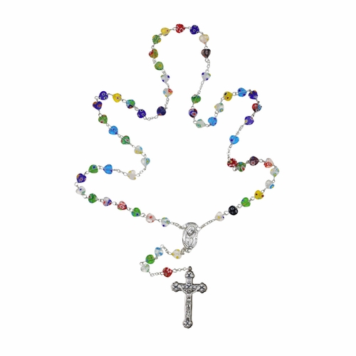 8mm Murano Glass Heart Bead Rosary with Crucifix and Madonna Center