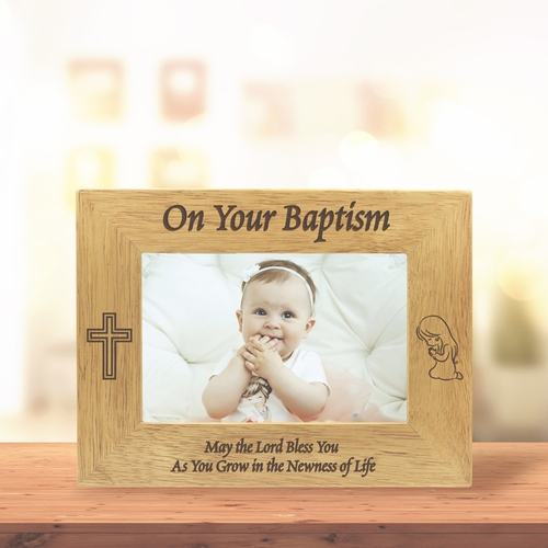 9-1/8 x 7-1/8 Inch Hardwood Girl Baptism Photo Frame-Holds 4 x 6 Inch Photo