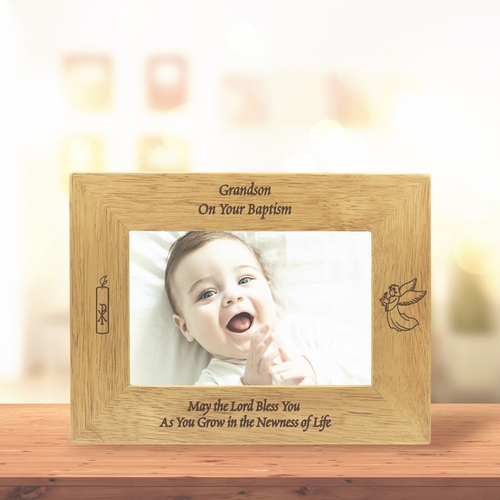 9-1/8 x 7-1/8 Inch Hardwood Grandson Baptism Photo Frame-Holds 4 x 6 Inch Photo