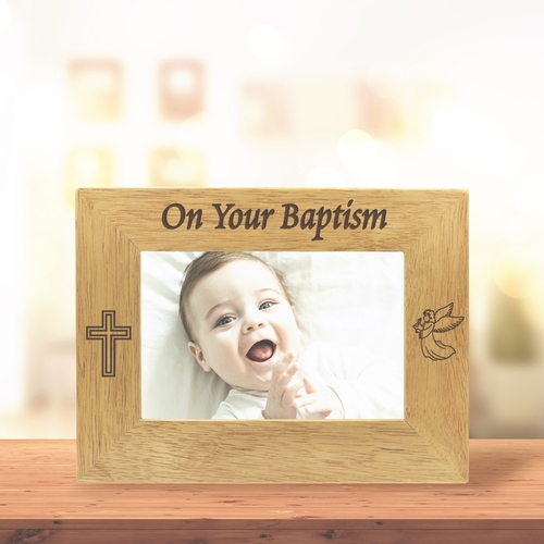 9-1/8 x 7-1/8 Inch Hardwood Personalized Baptism Photo Frame-Holds 4 x 6 Inch Photo