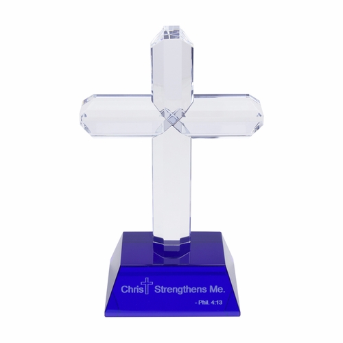 9-3/4 inch Optical Cut Crystal Cross On Blue Crystal Base With Philippians 4:13