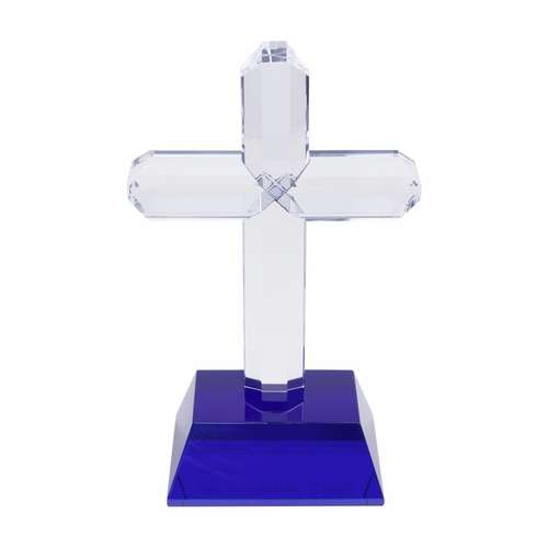 9-3/4 inch Optical Cut Crystal Cross On Blue Crystal Base With Philippians 4:13