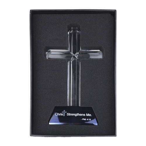 9-3/4 inch Optical Cut Crystal Cross On Blue Crystal Base With Philippians 4:13