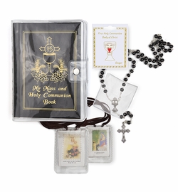 Boy's Communion Set with Black Mass Book, Cloth Scapular, Rosary, and Pin
