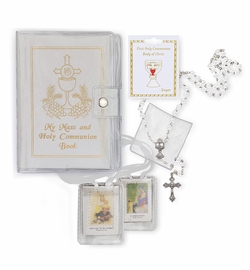 Girl's Communion Set with White Mass Book, Cloth Scapular, Rosary, and Pin