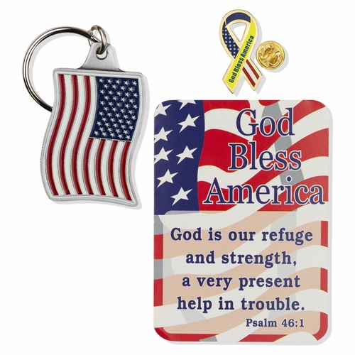 "God Bless America" Patriotic Appreciation Boxed Gift Set-Includes Verse Card, Keychain, and Lapel Pin