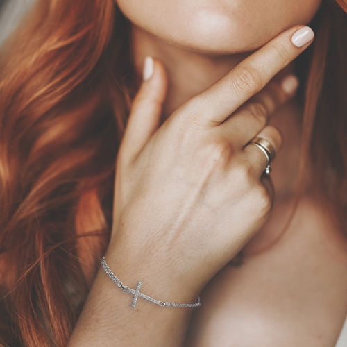 Sterling Silver and Cubic Zirconia Stone Cross Adjustable Bolo Bracelet