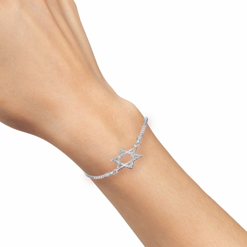 Sterling Silver and Cubic Zirconia Stone Star of David Adjustable Bolo Bracelet