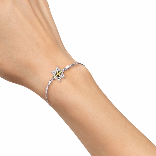 Sterling Silver and Cubic Zirconia Stone Two-Tone Star of David and Cross Adjustable Bolo Bracelet