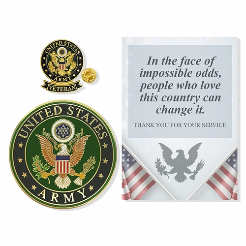 United States Army Veteran "God Bless America" Appreciation Boxed Gift Set-Includes Decorative Card, Medallion Disc, and Lapel Pin