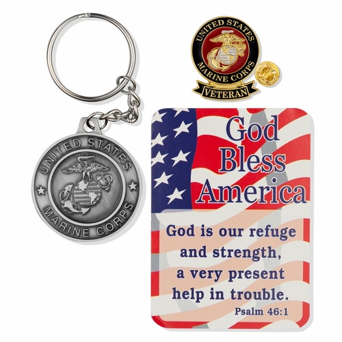 United States Marine Corps Veteran "God Bless America" Appreciation Boxed Gift Set-Includes Verse Card, Keychain, and Lapel Pin