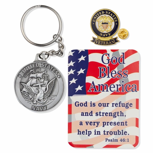 United States Navy Veteran "God Bless America" Appreciation Boxed Gift Set-Includes Verse Card, Keychain, and Lapel Pin