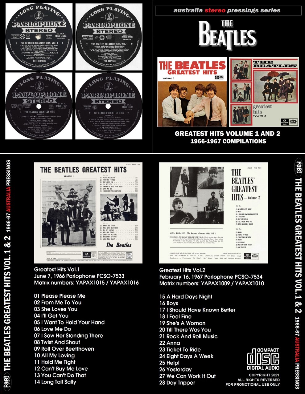 Beatles cd greatest hits vol 1 2 australia stereo pressings