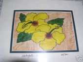 11 x 14 Hawaiian yellow Hibiscus Floral Tapa Cloth Painting. Tropical Home Decor. Oceanic Art.