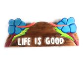 12" LIFE IS GOOD with Hibiscus Flowers - POOL DECOR  -Tropical Driftwood Sign. Island Inspired Tropical Pool Decor