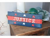 16" JUSTICE  Red, White and Blue Sign Painted Wood Tiki Sign on Planks - Patriotic Americana Decor
