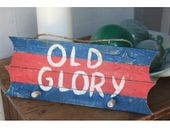 16" OLD GLORY Red, White and Blue Sign Painted Wood Sign on Planks Tiki Hanger w/ 2 Pegs Patriotic Americana Decor