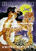 1940's Hawaiian Travel Aviation Advertising Poster for United Airlines. Plantation style retro print.