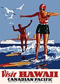 1946  Vintage Canadian Pacific Line Poster. Tourist Travel Advertising Print. Plantation style, period art. Nostalgia Hawaiiana