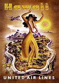 1950's United Airlines stratocruiser poster with hula dancer. Vintage Hawaiian Advertising Travel print. Nostalgia Hawaiiana. Plantation Style, period art  