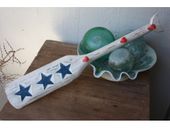 22" Red, White and Blue Painted Wood Paddle - Stars and Stripes Tiki Hanger w/ 3 Pegs - Patriotic Americana Decor