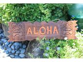 24" Hawaiian ALOHA Sign with Carved Tiki Gods. Tropical Beach Decor.