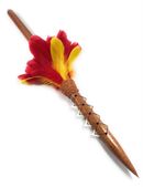 32" Hawaiian Koa Wood Spear with 8 Shark Teeth and Red Feathers. Hawaiian Weapon. Hand Carved Oceanic Art