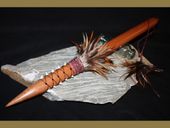3FT Hawaiian KOA WOOD Spear with 10 Authentic Sharks Teeth and Rooster Feathers.  Traditional Polynesian Weapon. Oceanic Art