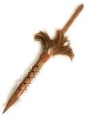 32" LARGE Authentic Hawaiian Curly KOA Wood Spear w/ Shark Teeh and Feathers. Classic Polynesian Art Weapon
