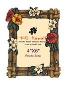 4x6 Hawaiian Photo Frame with Plumeria and Hibiscus Flowers and Bamboo. Island inspired decor