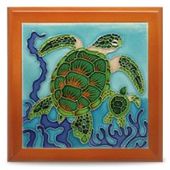 Framed Ceramic Tile: Swimming Honu -  Turtle -  Welcome Sign - Ceramic Tile