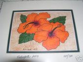 8 x 10 Hawaiian ORANGE HIBISCUS FLOWERS Tapa Cloth Painting. Tropical Home Decor. Oceanic Art.