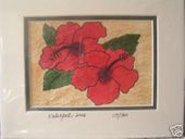8 x 10 Hawaiian RED HIBISCUS FLOWERS Tapa Cloth Painting. Tropical Home Decor. Oceanic Art.