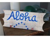 ALOHA Americana Tiki Sign on Planks and featuring two Pegs. White and Blue Stars Rustic Sign. 