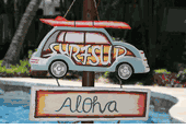  ALOHA SURF'S UP TIKI BAR SIGN with hand painted classic Woody - TROPICAL DECOR 