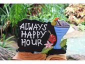 ALWAYS HAPPY HOUR Tiki Bar Sign with Plumeria Flowers and a Cocktail. Hawaiian Style Luau Decor. Gifts with Aloha...