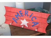 AMERICA Red, White and Blue  Painted Wood Sign on Planks - Tiki Hanger w/ 3 Pegs - Patriotic Americana Decor