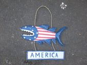 AMERICA Red, White and Blue SHARK ATTACK Sign -  STARS AND STRIPES Sign - Patriotic Americana Decor