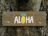 Antique Hawaiian Roxy Tiki Bar ALOHA  Pineapple Sign. Hawaiiana Wooden Luau Sign