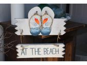 AT THE BEACH Vintage Style Nostalgia Welcome Sign with Pelikans - Weathered Nautical Sign - Coastal / Beach Decor - Gifts with Aloha...