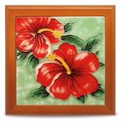 Framed Ceramic Tile: Red Hibiscus. Hawaiian Welcome sign