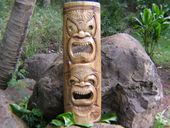 40" Double Headed Tiki Mask, Acacia Wood Outdoor Sculpture Totem