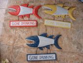 GONE DRINKING Shark Attack Tiki Sign - Nautical Beach Decor -Available in Blue, Red and Yellow Coastal Colors