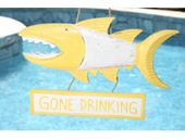 GONE DRINKING Shark Attack Tiki Sign - Nautical Beach Decor -Available in Blue, Red and Yellow Coastal Colors