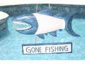 GONE FISHING Shark Attack Tiki Sign - Nautical Beach Decor -Available in Blue, Red and Yellow Coastal Colors