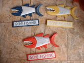 GONE FISHING Shark Attack Tiki Sign - Nautical Beach Decor -Available in Blue, Red and Yellow Coastal Colors